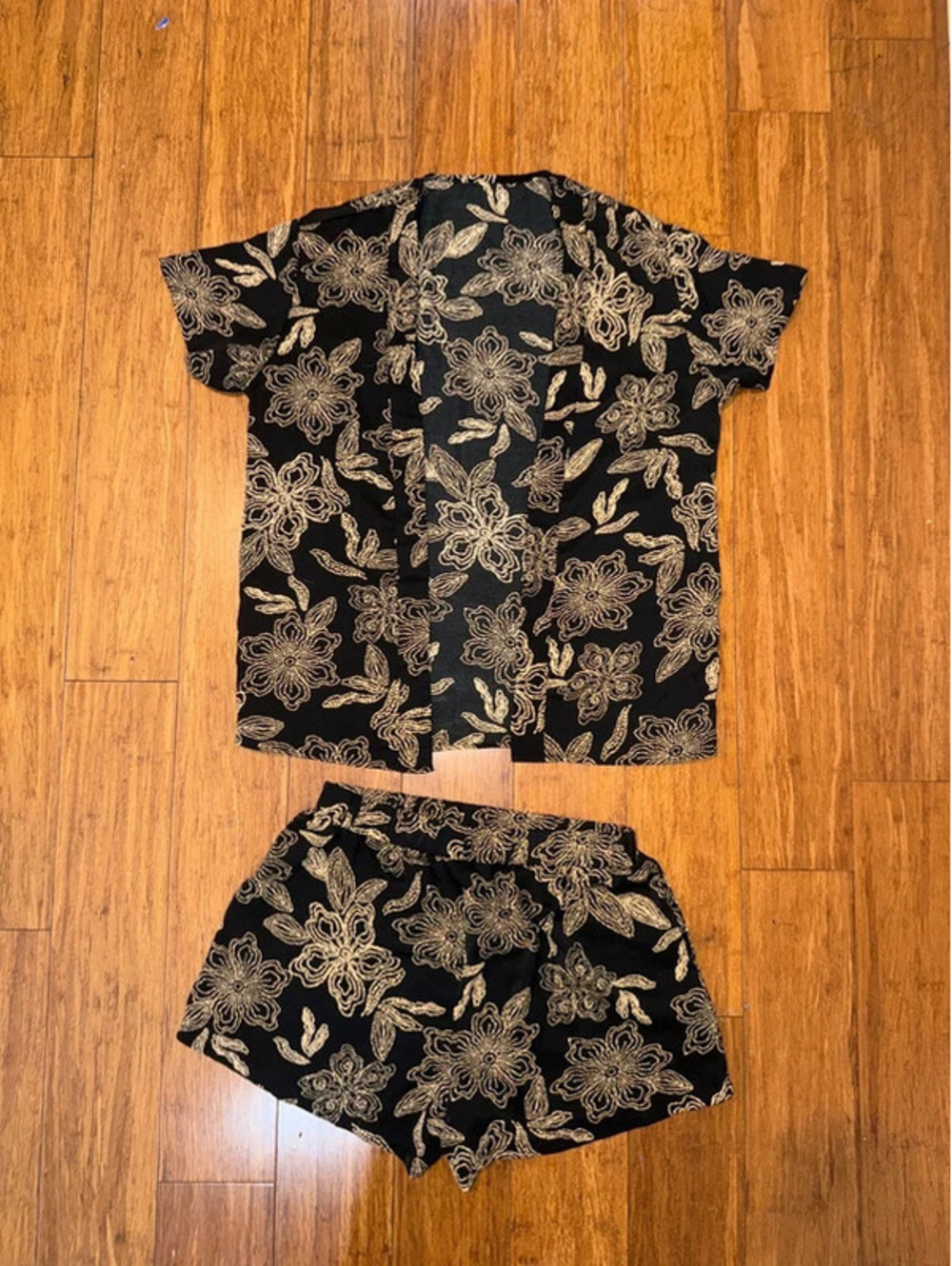 Women’s Black Cream Floral Kimono Robe & Pants 2 Piece Lounge Set- Large